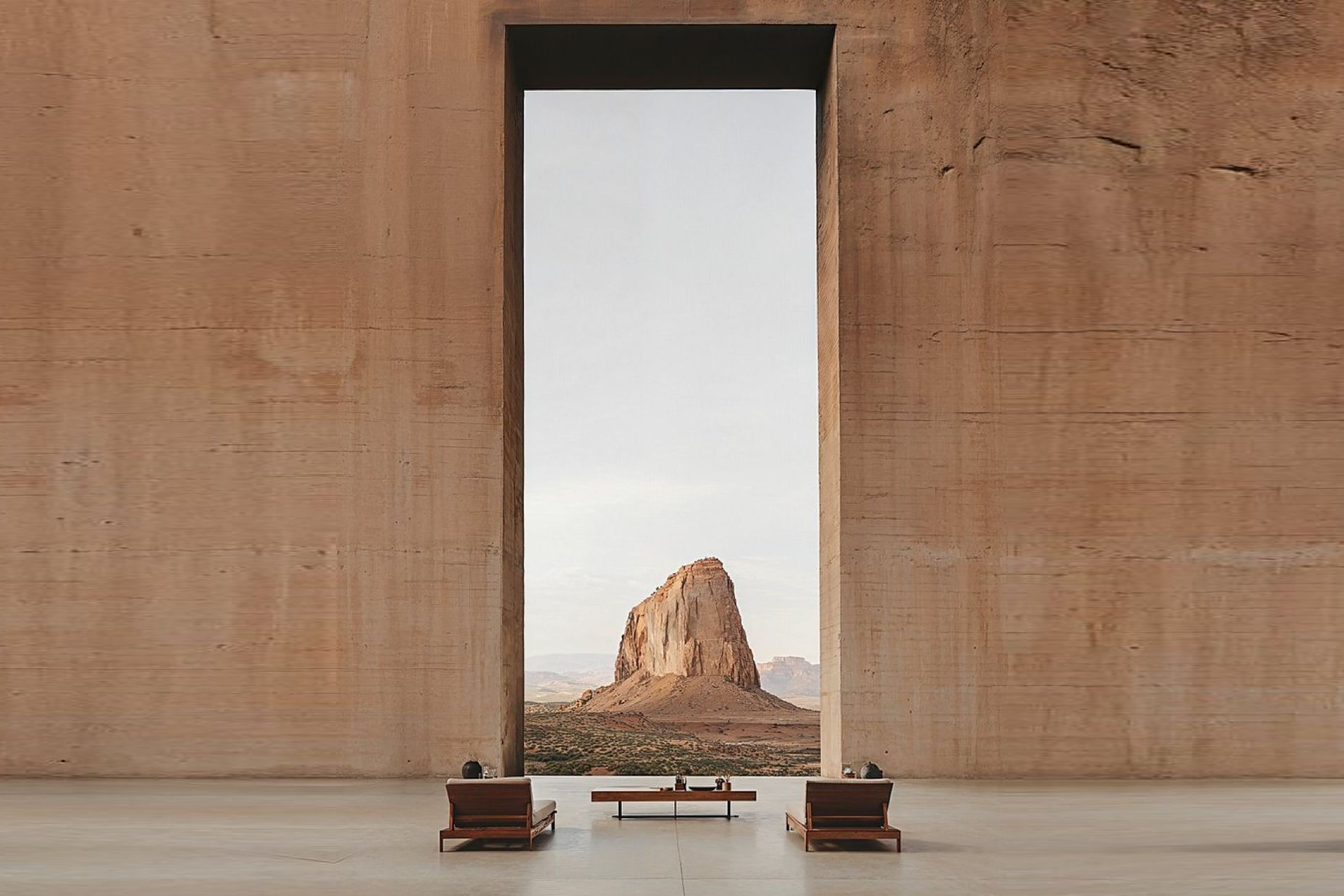 A vast concrete portal framing a desert monolith at dusk