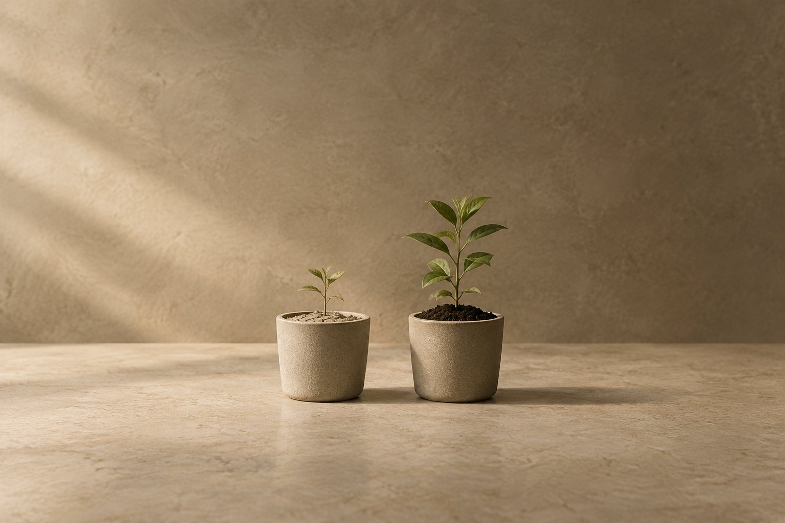 Two identical seedlings in identical stone pots. The one in dry, cracked soil stays small; the one in rich, dark soil grows tall and full.
